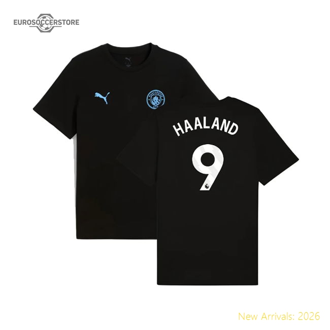 2025-2026 Man City FtblESS Tee (Black) (Haaland 9)-Football Jersey Hub