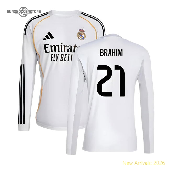 2025-2026 Real Madrid Long Sleeve Home Shirt (Brahim 21)-Football Jersey Hub