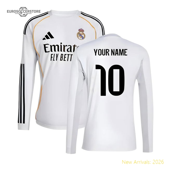 2025-2026 Real Madrid Long Sleeve Home Shirt (Your Name)-Football Jersey Hub