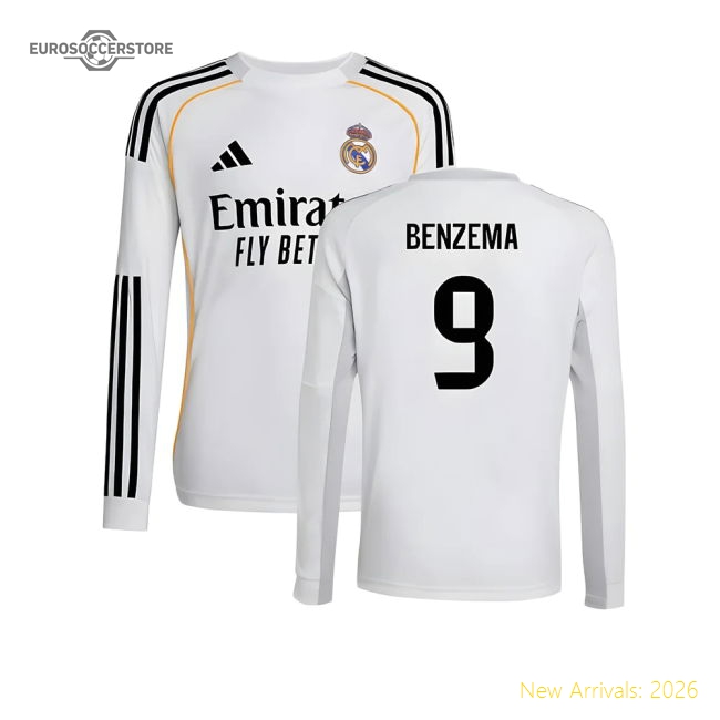 2025-2026 Real Madrid Long Sleeve Home Shirt (Kids) (Benzema 9)-Football Jersey Hub