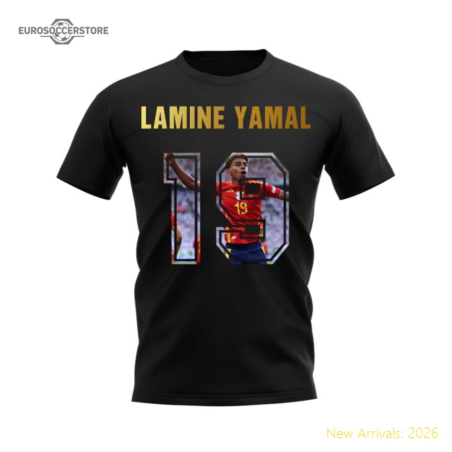 Lamine Yamal Name And Number Spain T-Shirt (Black)-Football Jersey Hub