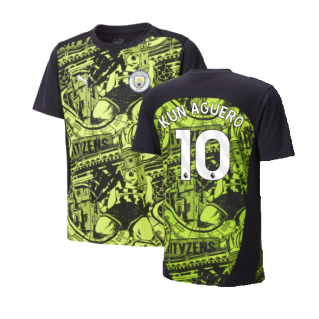 2024-2025 Man City Pre-Match Shirt (Yellow Glow) - Kids (Kun Aguero 10)-Football Jersey Hub