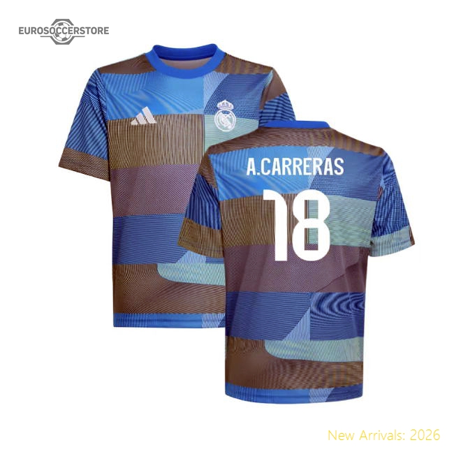 2025-2026 Real Madrid Pre-Match Shirt (Blue) - Kids (A.Carreras 18)-Football Jersey Hub