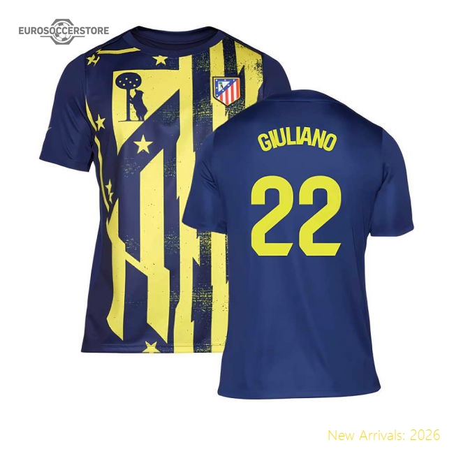 2025-2026 Atletico Madrid Pre-Match Shirt (Blue-Yellow) (Giuliano 22)-Football Jersey Hub
