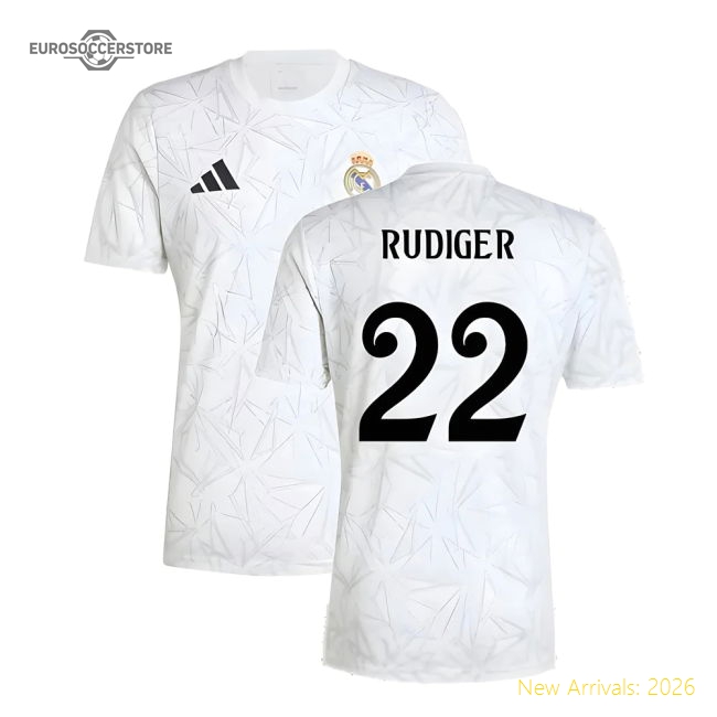 2024-2025 Real Madrid Pre-Match Shirt (White) (Rudiger 22)-Football Jersey Hub