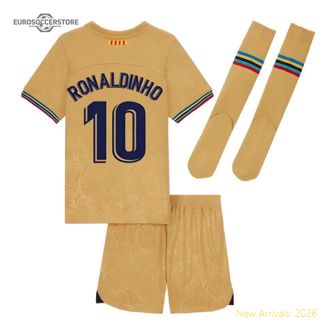2022-2023 Barcelona Little Boys Away Kit (RONALDINHO 10)-Football Jersey Hub