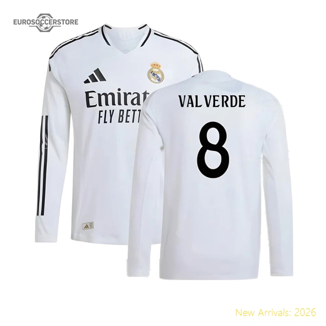 2024-2025 Real Madrid Authentic Long Sleeve Home Shirt (Valverde 8)-Football Jersey Hub