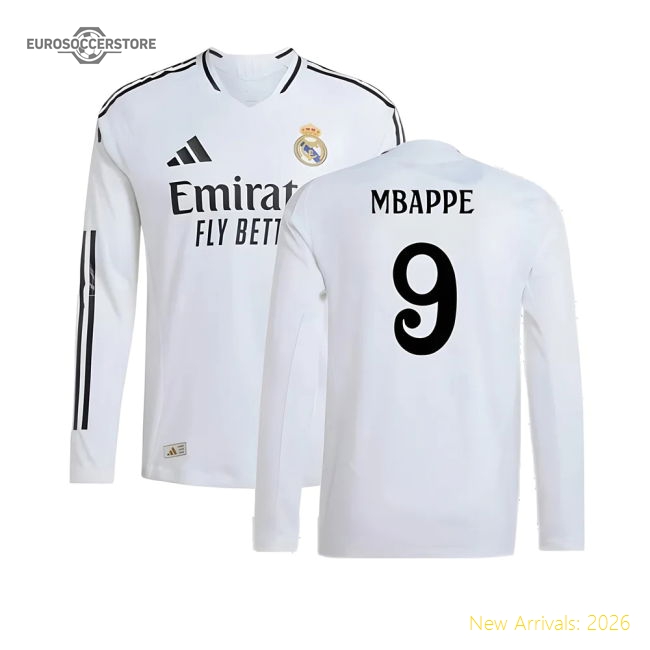 2024-2025 Real Madrid Authentic Long Sleeve Home Shirt (Mbappe 9)-Football Jersey Hub