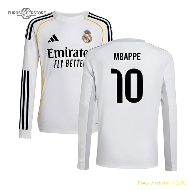2025-2026 Real Madrid Long Sleeve Home Shirt (Kids) (Mbappe 10)-Football Jersey Hub