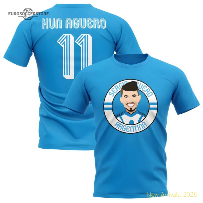 Sergio Aguero Argentina Illustration T-Shirt (Sky)-Football Jersey Hub