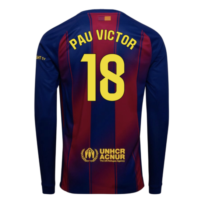 2025-2026 Barcelona Home Long Sleeve Shirt (Pau Victor 18)-Football Jersey Hub