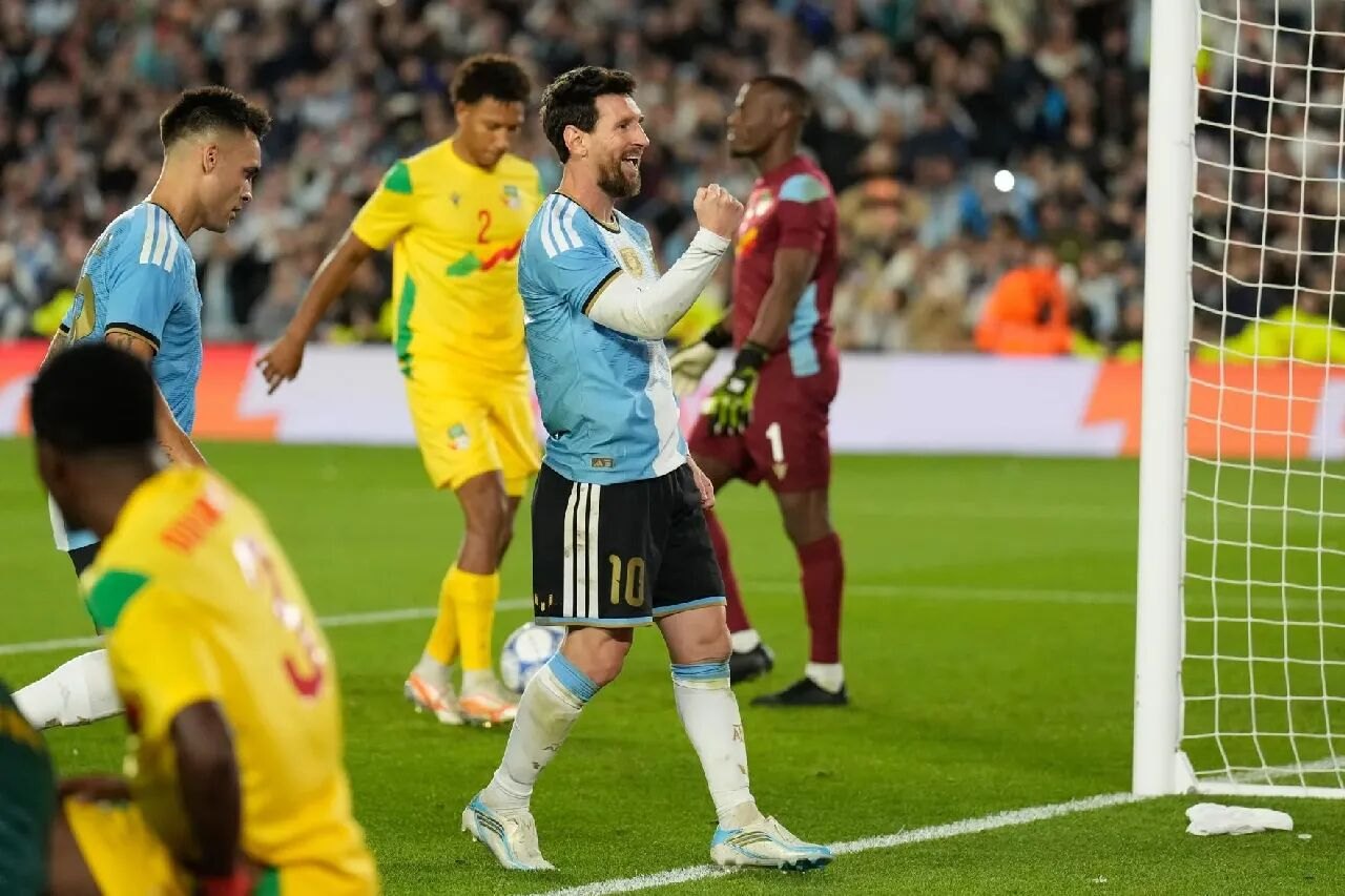 Messi celebrates after Argentina’s third goal against Benin