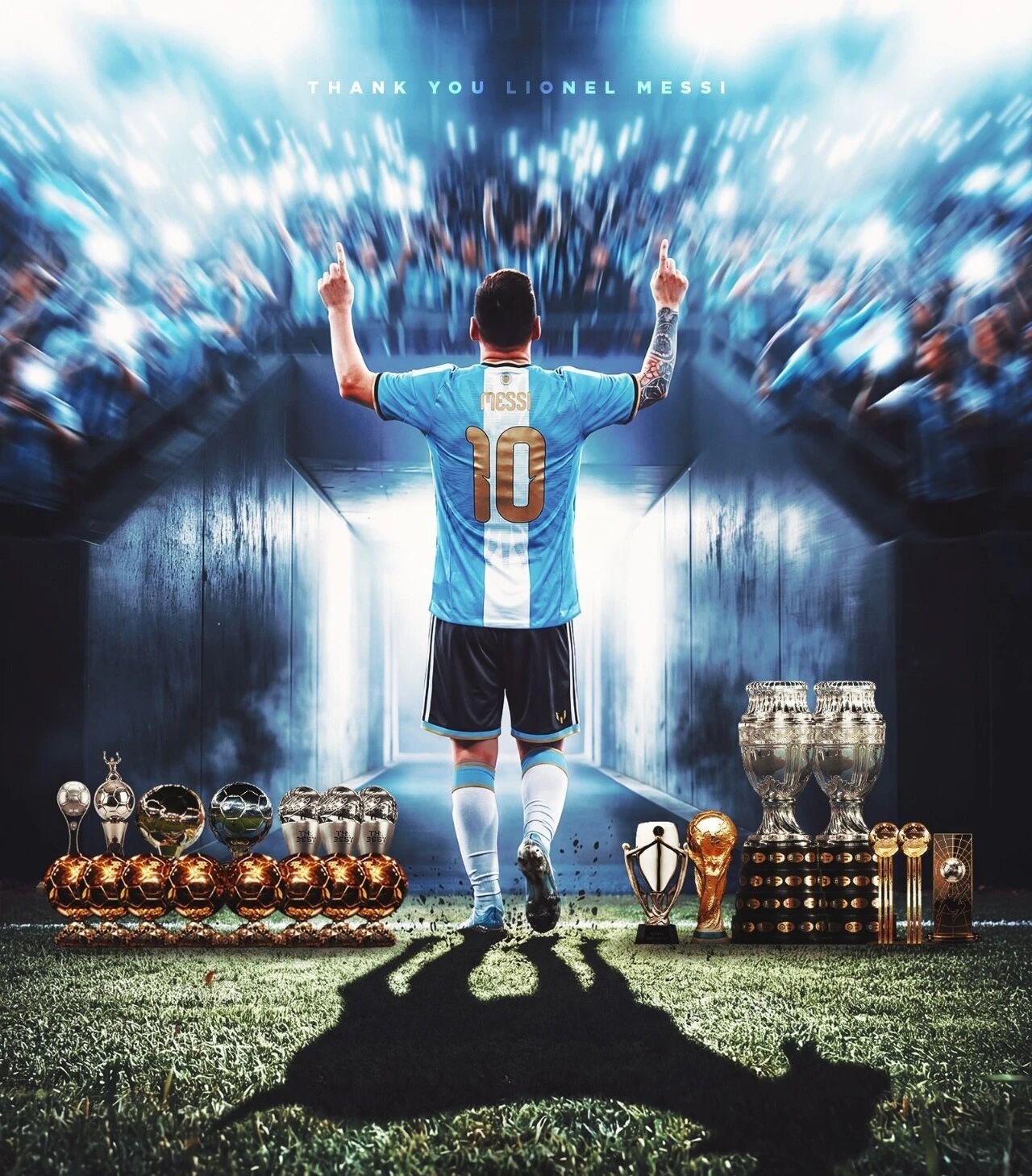 A tribute collage of Messi walking out with trophies either side of him