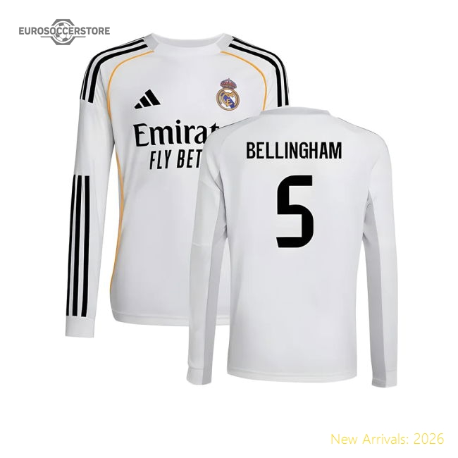 2025-2026 Real Madrid Long Sleeve Home Shirt (Kids) (Bellingham 5)-Football Jersey Hub