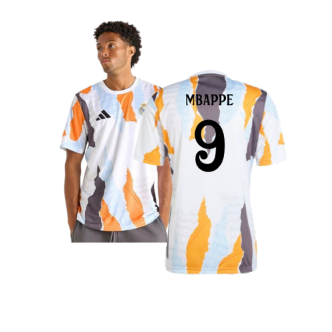 2024-2025 Real Madrid Pre-Match Shirt (White/Crew Orange) (Mbappe 9)-Football Jersey Hub