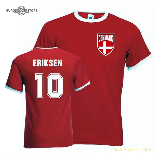 Christian Eriksen Denmark Ringer Tee (red)-Football Jersey Hub