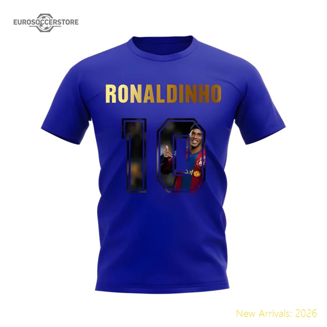Ronaldinho Name And Number Barcelona T-Shirt (Blue)-Football Jersey Hub