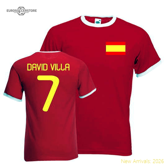 David Villa Spain Ringer Tee (red)-Football Jersey Hub