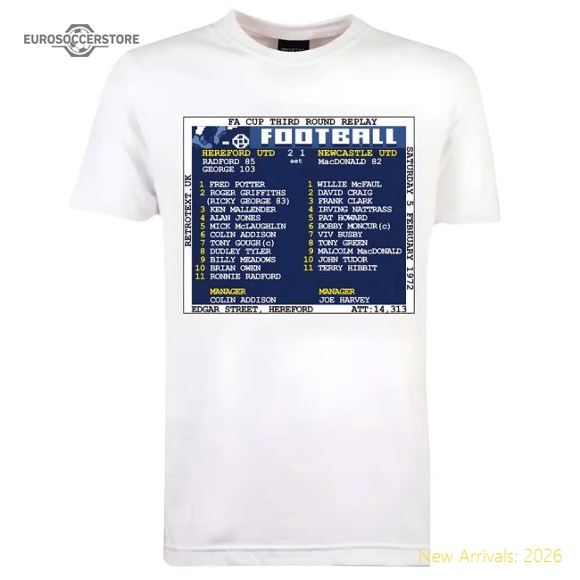 1972 Hereford Utd v Newcastle United (Hereford) Retrotext T-Shirt - White-Football Jersey Hub