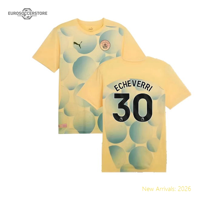 2024-2025 Man City Prematch SS Shirt (Flaxen) - Kids (Echeverri 30)-Football Jersey Hub