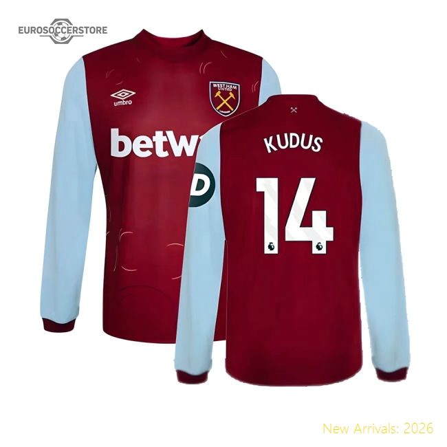 2023-2024 West Ham Long Sleeve Home Shirt (Kudus 14)-Football Jersey Hub