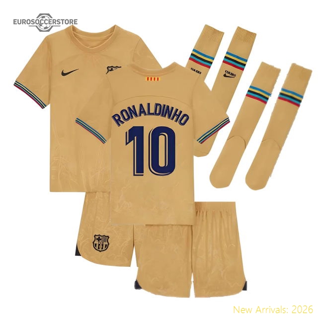 2022-2023 Barcelona Little Boys Away Kit (RONALDINHO 10)-Football Jersey Hub