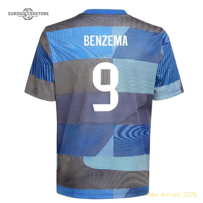 2025-2026 Real Madrid Pre-Match Shirt (Blue) - Kids (Benzema 9)-Football Jersey Hub