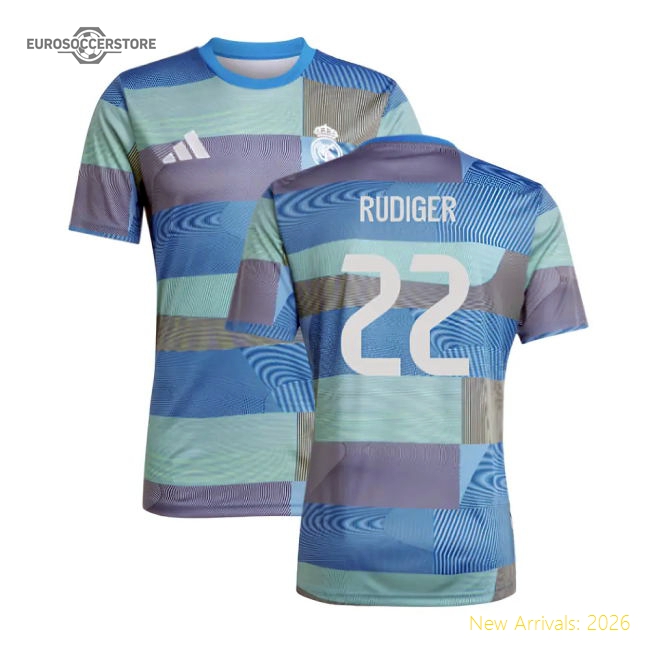2025-2026 Real Madrid Pre-Match Shirt (Blue) (Rudiger 22)-Football Jersey Hub
