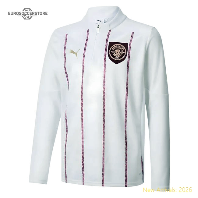 2024-2025 Man City Prematch 1/4 Zip Top (White) - Kids-Football Jersey Hub