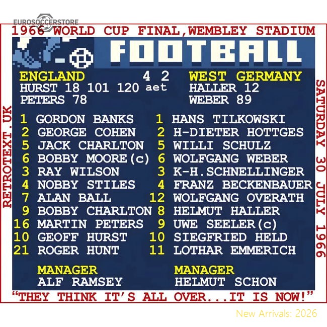 1966 World Cup Final (England) Retrotext T-Shirt - White-Football Jersey Hub