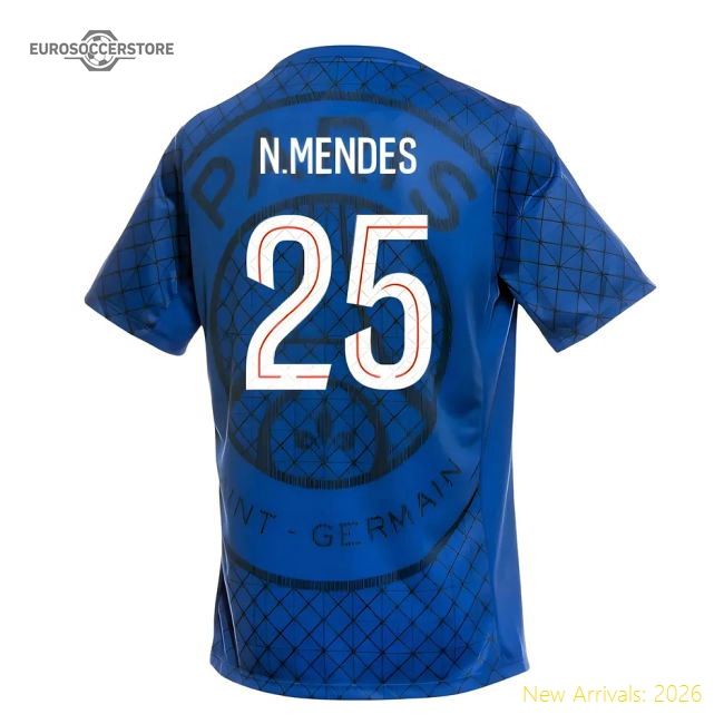2025-2026 PSG Academy Pro Home Pre Match Shirt (Royal) (N.Mendes 25)-Football Jersey Hub