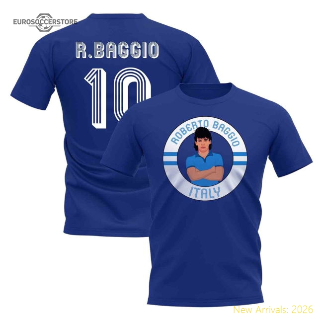 Roberto Baggio Italy Illustration T-Shirt (Blue)-Football Jersey Hub