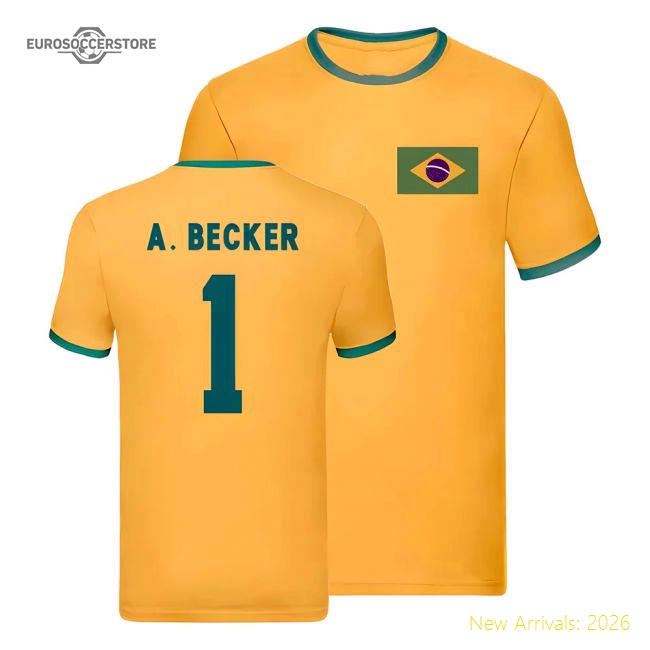 Brazil Ringer T-Shirt (Alisson Becker 1)-Football Jersey Hub