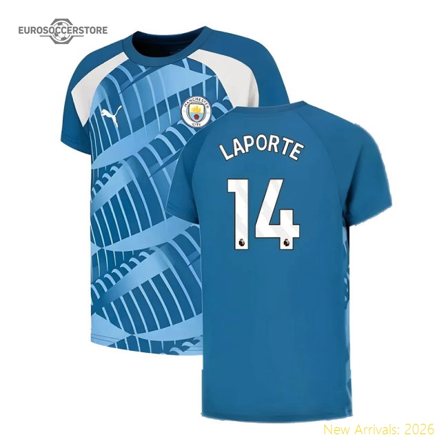 2023-2024 Man City Pre-Match Jersey (Lake Blue) - Kids (LAPORTE 14)-Football Jersey Hub