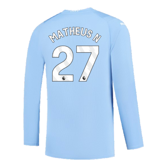 Manchester City 2023-2024 Puma Home Long Sleeved Shirt (S) (Good) (Matheus N 27)-Football Jersey Hub