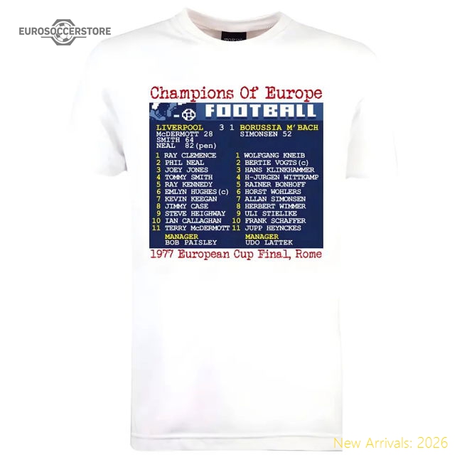 1977 European Cup Final (Liverpool) Retrotext t-shirt - White-Football Jersey Hub