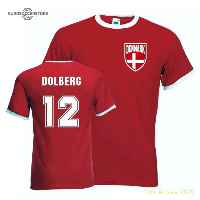 Kasper Dolberg Denmark Ringer Tee (red)-Football Jersey Hub