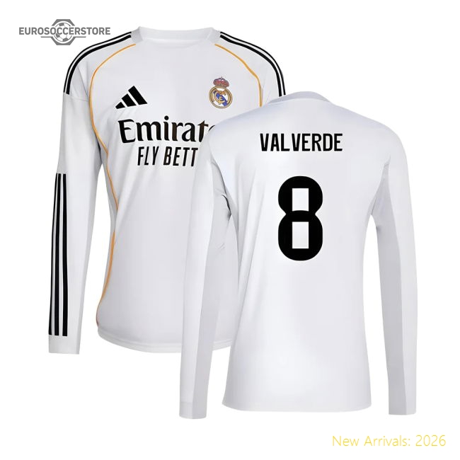 2025-2026 Real Madrid Long Sleeve Home Shirt (Valverde 8)-Football Jersey Hub