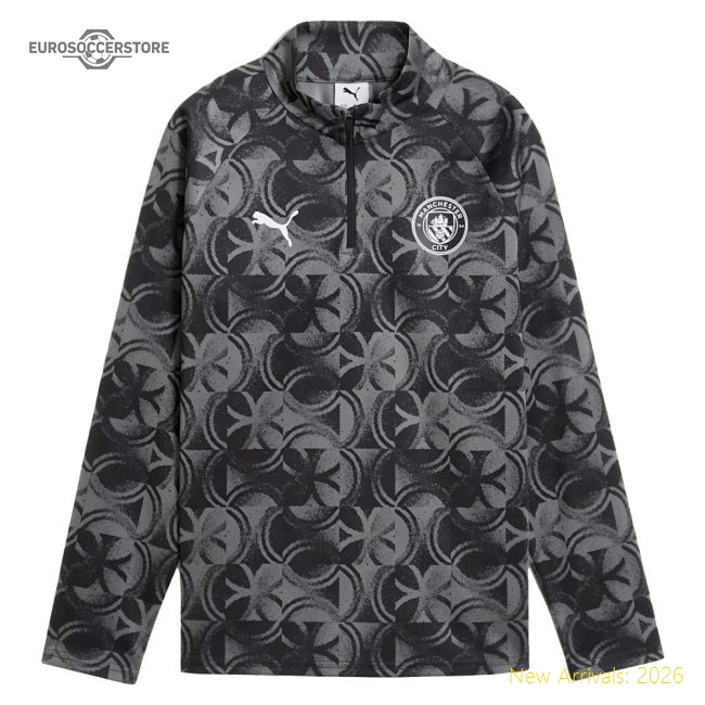 2025-2026 Man City Warm Up 1/4 Zip Top (Black) - Kids-Football Jersey Hub