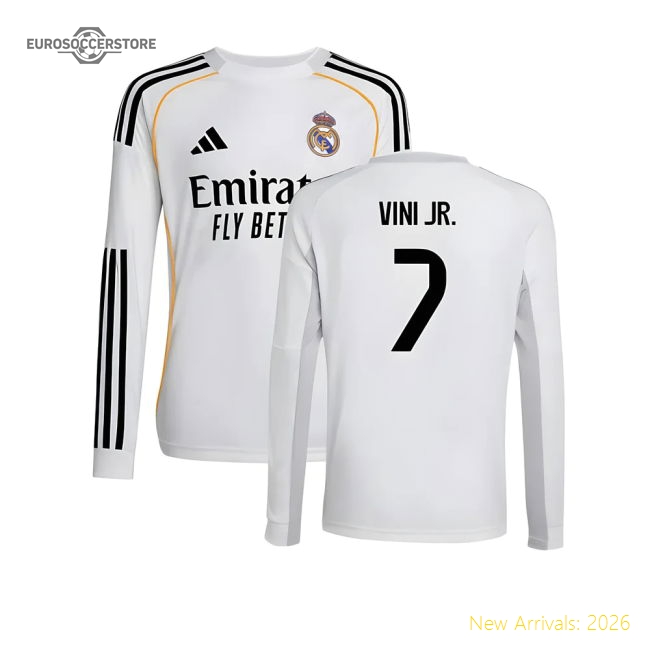 2025-2026 Real Madrid Long Sleeve Home Shirt (Kids) (Vini Jr. 7)-Football Jersey Hub
