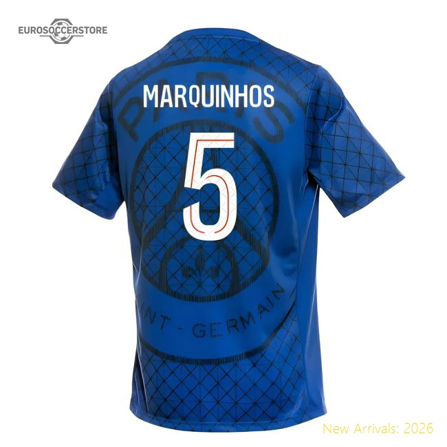 2025-2026 PSG Academy Pro Home Pre Match Shirt (Royal) (Marquinhos 5)-Football Jersey Hub