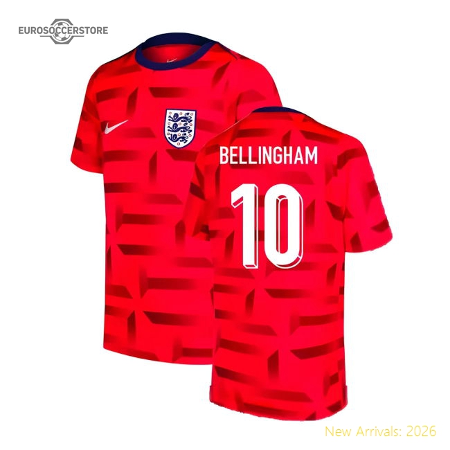 2024-2025 England Dri-FIT Pre-Match Shirt (Red) (Bellingham 10)-Football Jersey Hub
