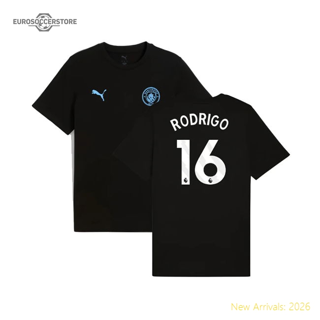 2025-2026 Man City FtblESS Tee (Black) (Rodrigo 16)-Football Jersey Hub