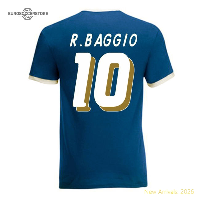 Roberto Baggio Italy Ringer Tee (blue)-Football Jersey Hub