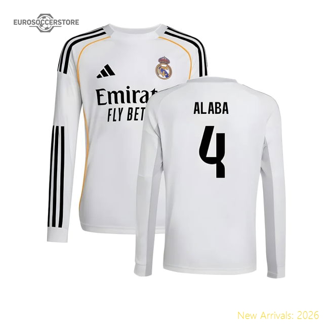 2025-2026 Real Madrid Long Sleeve Home Shirt (Kids) (Alaba 4)-Football Jersey Hub