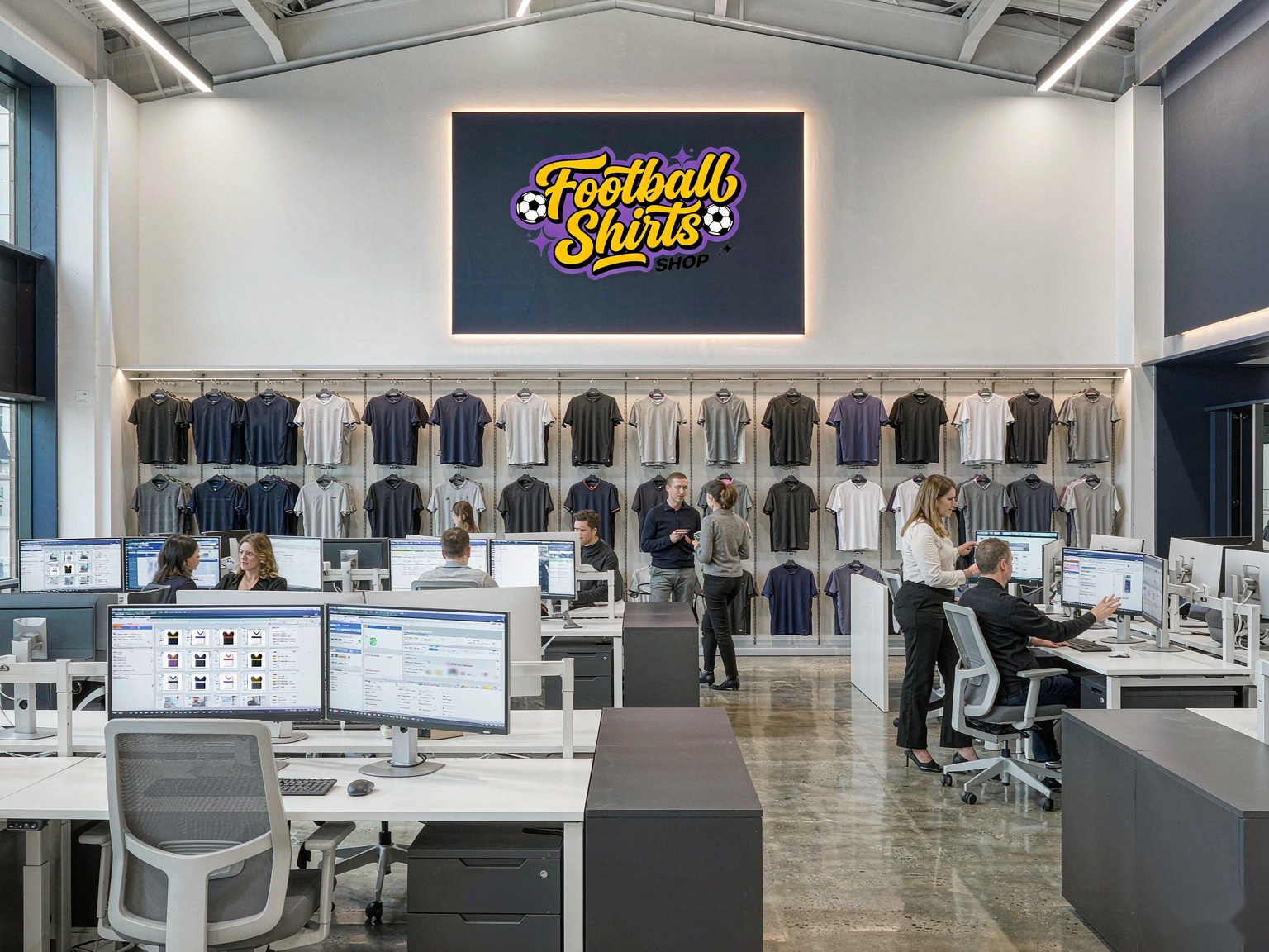 Football Shirts Shop operations hub with staff working at computers