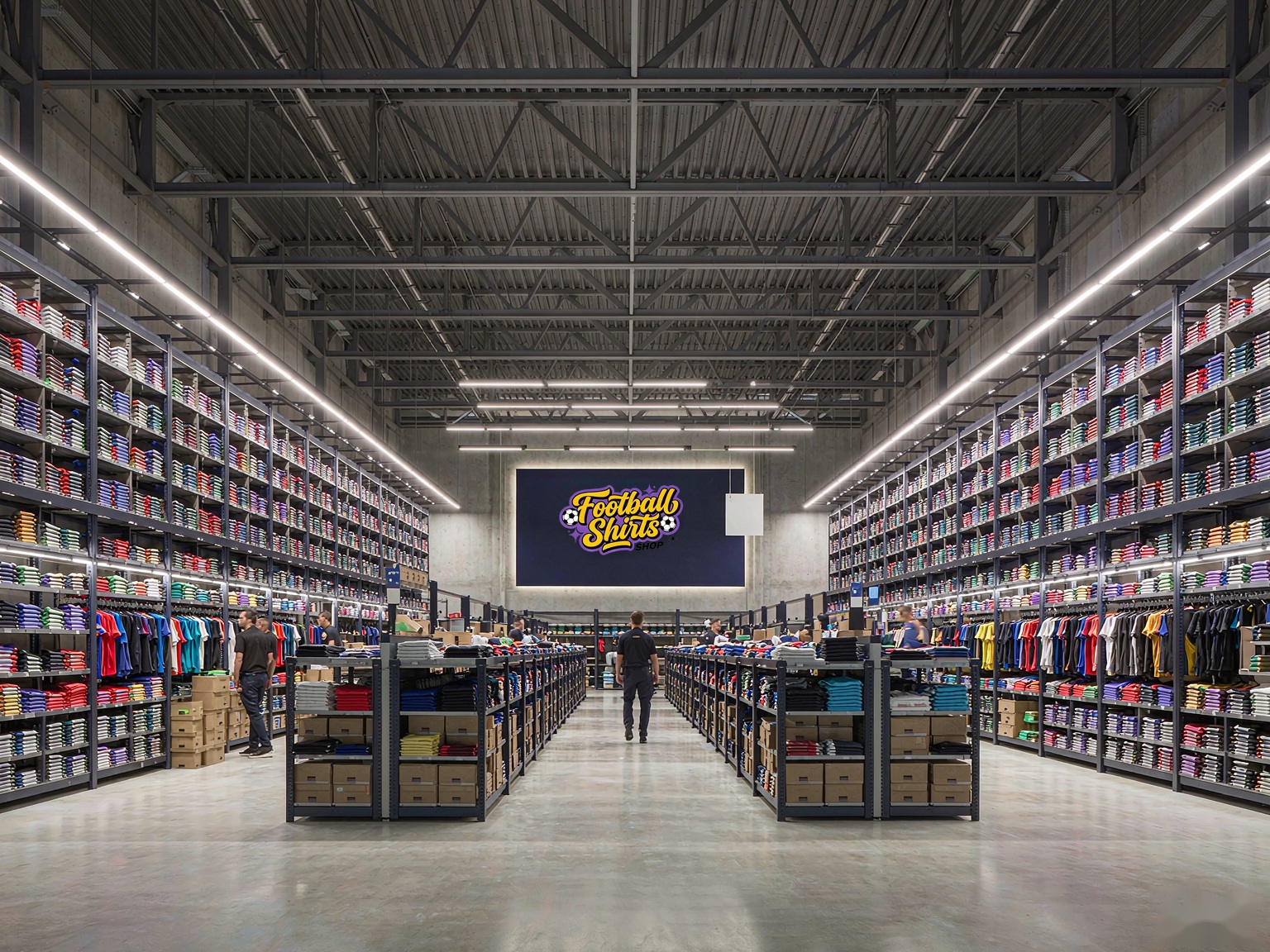Football Shirts Shop warehouse with rows of football shirts on shelving