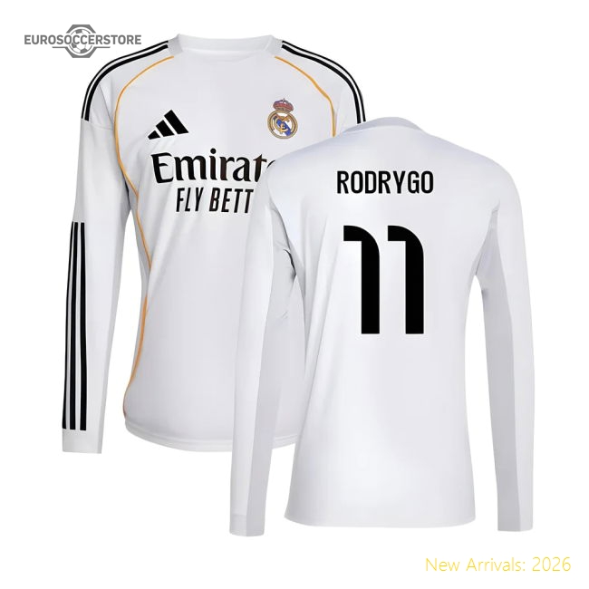 2025-2026 Real Madrid Long Sleeve Home Shirt (Rodrygo 11)-Football Shirts Shop