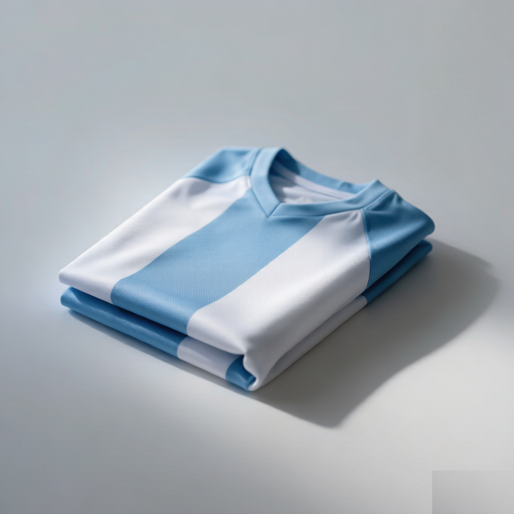 Folded sky-blue-and-white jersey on white