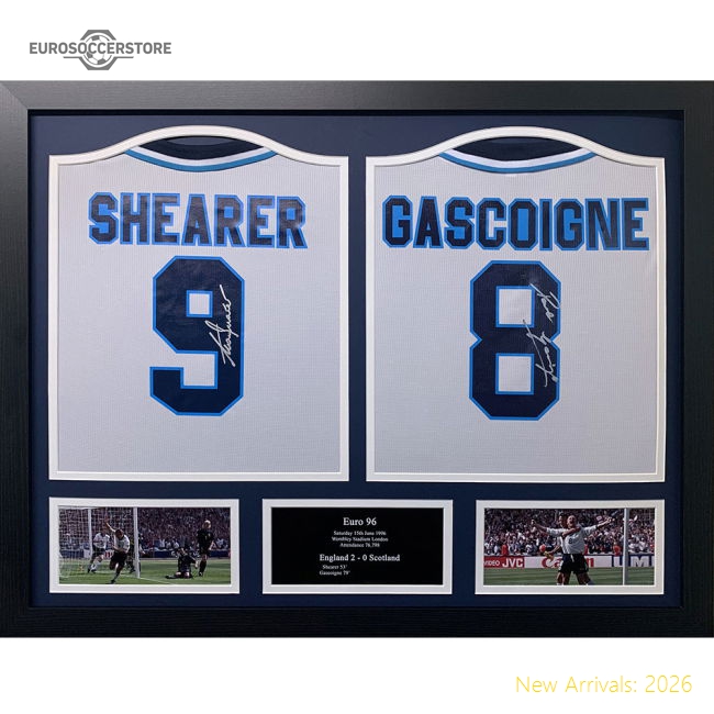 England FA 1996 Shearer & Gascoigne Signed Shirts (Dual Framed)-Football Shirts Shop